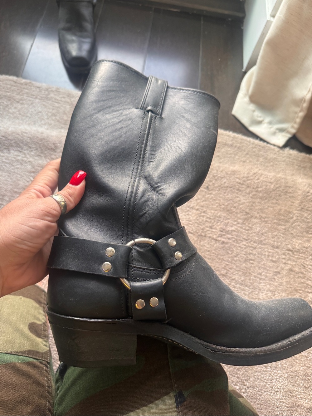 Frye Black Leather Harness Moto Boot with Ring Detail